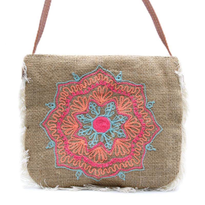 Geantă de iută cu Franjuri - Broderie Mandala