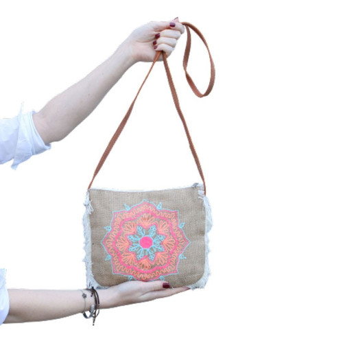 Geantă de iută cu Franjuri - Broderie Mandala