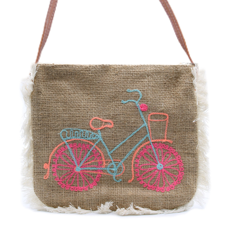 Geantă de iută cu Franjuri - Broderie Biciclista