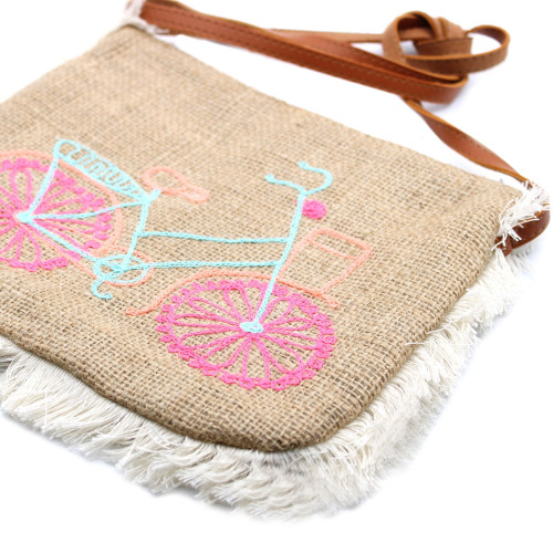 Geantă de iută cu Franjuri - Broderie Biciclista